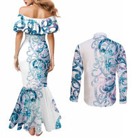 Turquoise Paua Shell Maori Couples Matching Mermaid Dress and Long Sleeve Button Shirt Koru Kowhaiwhai - Polynesian Pride