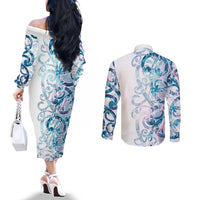 Turquoise Paua Shell Maori Couples Matching Off The Shoulder Long Sleeve Dress and Long Sleeve Button Shirt Koru Kowhaiwhai - Polynesian Pride