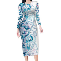 Turquoise Paua Shell Maori Family Matching Long Sleeve Bodycon Dress and Hawaiian Shirt Koru Kowhaiwhai LT7 Mom's Dress White - Polynesian Pride
