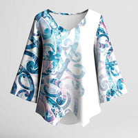 Turquoise Paua Shell Maori Kimono Sleeve Blouse Koru Kowhaiwhai - Polynesian Pride