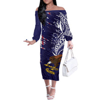 American Samoa Mix US Off The Shoulder Long Sleeve Dress Flag Day Grunge Style LT7 Women Blue - Polynesian Pride