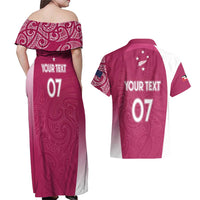 Personalised New Zealand Rugby Couples Matching Off Shoulder Maxi Dress and Hawaiian Shirt Aotearoa Champions - Pink Version