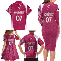 Personalised New Zealand Rugby Family Matching Long Sleeve Bodycon Dress and Hawaiian Shirt Aotearoa Champions - Pink Version