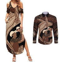 Father's Day Polynesian Pattern Couples Matching Summer Maxi Dress and Long Sleeve Button Shirt Tropical Humpback Whale