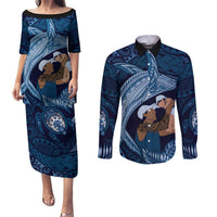 Father's Day Polynesian Pattern Couples Matching Puletasi and Long Sleeve Button Shirt Tropical Humpback Whale - Navy