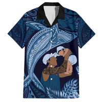 Father's Day Polynesian Pattern Family Matching Off The Shoulder Long Sleeve Dress and Hawaiian Shirt Tropical Humpback Whale - Navy