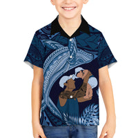 Father's Day Polynesian Pattern Kid Hawaiian Shirt Tropical Humpback Whale - Navy