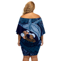 Father's Day Polynesian Pattern Off Shoulder Short Dress Tropical Humpback Whale - Navy