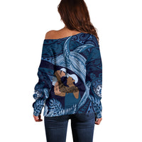 Father's Day Polynesian Pattern Off Shoulder Sweater Tropical Humpback Whale - Navy