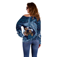 Father's Day Polynesian Pattern Off Shoulder Sweater Tropical Humpback Whale - Navy