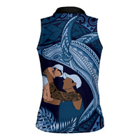 Father's Day Polynesian Pattern Women Sleeveless Polo Shirt Tropical Humpback Whale - Navy
