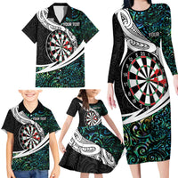 Personalized NZ Darts Family Matching Long Sleeve Bodycon Dress and Hawaiian Shirt Paua Shell Maori Koru Whakairo - Polynesian Pride