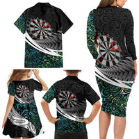 Personalized NZ Darts Family Matching Long Sleeve Bodycon Dress and Hawaiian Shirt Paua Shell Maori Koru Whakairo - Polynesian Pride