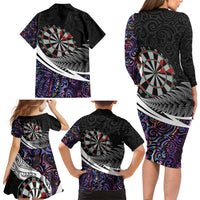 Personalized NZ Darts Family Matching Long Sleeve Bodycon Dress and Hawaiian Shirt Paua Shell Maori Koru Whakairo - Purple - Polynesian Pride