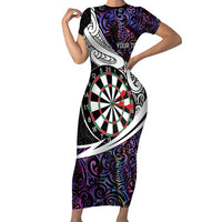 Personalized NZ Darts Family Matching Short Sleeve Bodycon Dress and Hawaiian Shirt Paua Shell Maori Koru Whakairo - Purple - Polynesian Pride