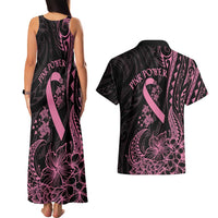 Polynesian Pink Power Couples Matching Tank Maxi Dress and Hawaiian Shirt Breast Cancer Ribbon Turtle and Flowers LT7 - Polynesian Pride
