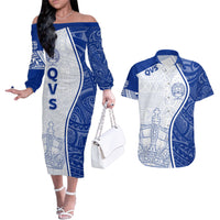 Personalised Queen Victoria School Couples Matching Off The Shoulder Long Sleeve Dress and Hawaiian Shirt QVS Old Boys LT7 White - Polynesian Pride
