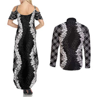 Hawaii Aloha Plumeria Lei Black Palaka Couples Matching Summer Maxi Dress and Long Sleeve Button Shirt - Polynesian Pride