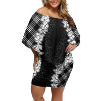 Hawaii Aloha Plumeria Lei Black Palaka Family Matching Off Shoulder Short Dress and Hawaiian Shirt - Polynesian Pride
