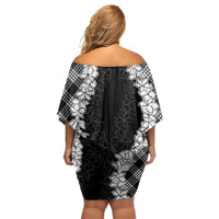 Hawaii Aloha Plumeria Lei Black Palaka Family Matching Off Shoulder Short Dress and Hawaiian Shirt - Polynesian Pride