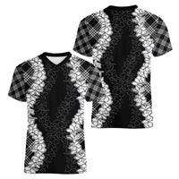 Hawaii Aloha Plumeria Lei Black Palaka Women V-Neck T-Shirt - Polynesian Pride