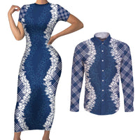 Hawaii Aloha Plumeria Lei Navy Palaka Couples Matching Short Sleeve Bodycon Dress and Long Sleeve Button Shirt - Polynesian Pride