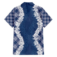Hawaii Aloha Plumeria Lei Navy Palaka Family Matching Off The Shoulder Long Sleeve Dress and Hawaiian Shirt - Polynesian Pride