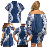 Hawaii Aloha Plumeria Lei Navy Palaka Family Matching Off Shoulder Short Dress and Hawaiian Shirt - Polynesian Pride