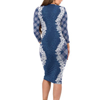 Hawaii Aloha Plumeria Lei Navy Palaka Long Sleeve Bodycon Dress - Polynesian Pride