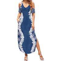 Hawaii Aloha Plumeria Lei Navy Palaka Summer Maxi Dress - Polynesian Pride
