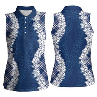 Hawaii Aloha Plumeria Lei Navy Palaka Women Sleeveless Polo Shirt - Polynesian Pride