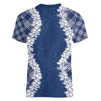 Hawaii Aloha Plumeria Lei Navy Palaka Women V-Neck T-Shirt - Polynesian Pride