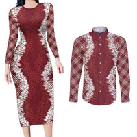 Hawaii Aloha Plumeria Lei Scarlet Palaka Couples Matching Long Sleeve Bodycon Dress and Long Sleeve Button Shirt LT7 Scarlet - Polynesian Pride