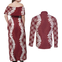 Hawaii Aloha Plumeria Lei Scarlet Palaka Couples Matching Off Shoulder Maxi Dress and Long Sleeve Button Shirt - Polynesian Pride