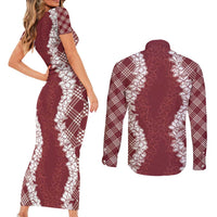 Hawaii Aloha Plumeria Lei Scarlet Palaka Couples Matching Short Sleeve Bodycon Dress and Long Sleeve Button Shirt LT7 - Polynesian Pride