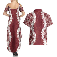 Hawaii Aloha Plumeria Lei Scarlet Palaka Couples Matching Summer Maxi Dress and Hawaiian Shirt LT7 - Polynesian Pride
