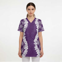 Hawaii Aloha Plumeria Lei Violet Palaka Scrub Top - Polynesian Pride