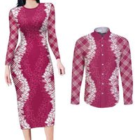 Hawaii Aloha Plumeria Lei Fuschia Palaka Couples Matching Long Sleeve Bodycon Dress and Long Sleeve Button Shirt LT7 Fuschia - Polynesian Pride