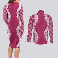Hawaii Aloha Plumeria Lei Fuschia Palaka Couples Matching Long Sleeve Bodycon Dress and Long Sleeve Button Shirt LT7 - Polynesian Pride