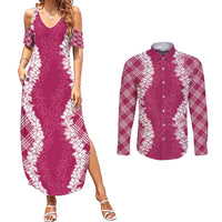 Hawaii Aloha Plumeria Lei Fuschia Palaka Couples Matching Summer Maxi Dress and Long Sleeve Button Shirt - Polynesian Pride