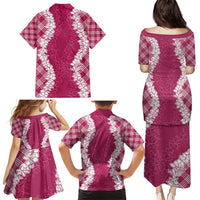 Hawaii Aloha Plumeria Lei Fuschia Palaka Family Matching Puletasi and Hawaiian Shirt - Polynesian Pride
