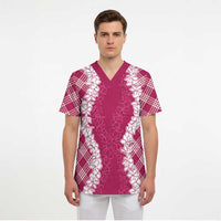 Hawaii Aloha Plumeria Lei Fuschia Palaka Scrub Top - Polynesian Pride