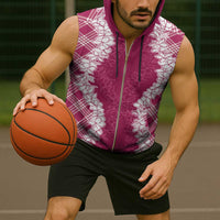 Hawaii Aloha Plumeria Lei Fuschia Palaka Sleeveless Zip Hoodie - Polynesian Pride