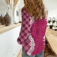 Hawaii Aloha Plumeria Lei Fuschia Palaka Women Casual Shirt - Polynesian Pride