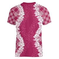 Hawaii Aloha Plumeria Lei Fuschia Palaka Women V-Neck T-Shirt - Polynesian Pride