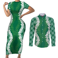 Hawaii Aloha Plumeria Lei Green Palaka Couples Matching Short Sleeve Bodycon Dress and Long Sleeve Button Shirt - Polynesian Pride