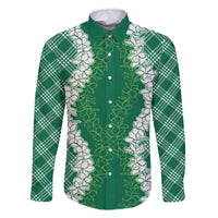 Hawaii Aloha Plumeria Lei Green Palaka Family Matching Long Sleeve Bodycon Dress and Hawaiian Shirt - Polynesian Pride