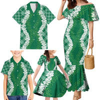 Hawaii Aloha Plumeria Lei Green Palaka Family Matching Mermaid Dress and Hawaiian Shirt - Polynesian Pride