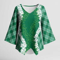 Hawaii Aloha Plumeria Lei Green Palaka Kimono Sleeve Blouse - Polynesian Pride