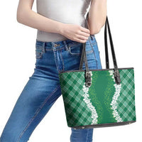 Hawaii Aloha Plumeria Lei Green Palaka Leather Tote Bag - Polynesian Pride